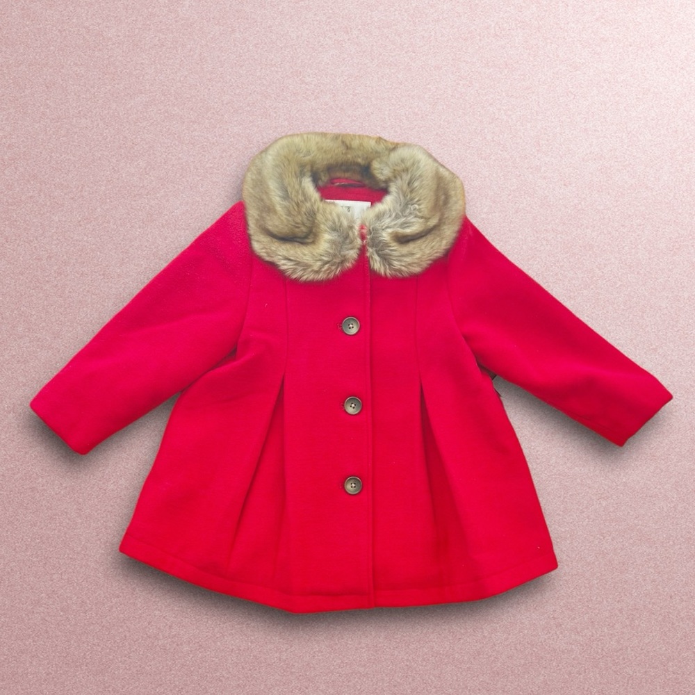 New Toddler girl button closure red Winter Coat With Faux Fur Trip 18-24m